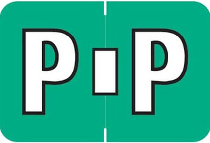Colwell COPK Alphabetical Color-Coded Filing Label for the letter 'P' with a jade background and white character with black outline