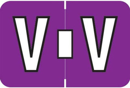 Colwell COPK Alphabetical Color-Coded Filing Label for the letter 'V' with a grape color background and white character with black outline