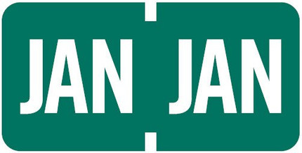 Green 'JAN' month label from the Tab Products 1279 series, featuring white text for easy file organization and document tracking, displayed in a dual format for clear visibility