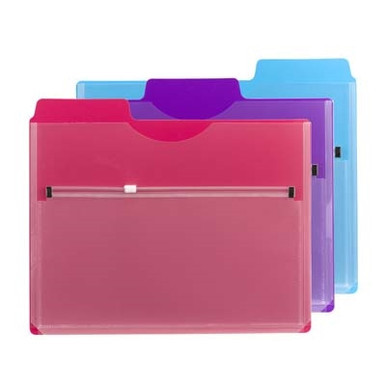 Straight-on view of Smead Jewel Tone Project Organizers in Pink, Purple, and Teal