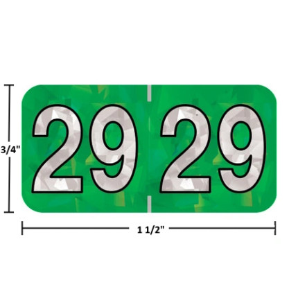 Holographic year label “29” – Green, 3/4 in x 1-1/2 in, wrap-around with center slit; white numbers, laminated.