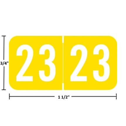 Acme Visible-compatible ACYM 2023 year label, yellow, 3/4 in x 1-1/2 in, wraparound, size guide shown (ACYM-23)