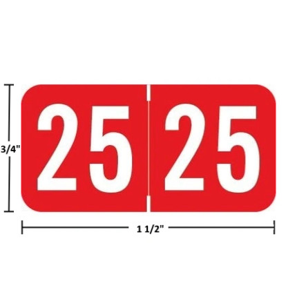 Acme Visible-compatible ACYM 2025 year label, red, 3/4 in x 1-1/2 in, wraparound, size guide shown (ACYM-25)