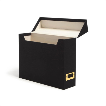 Smead FlipTop File Box, Charcoal Linen, letter size with lid open and front gold nameplate