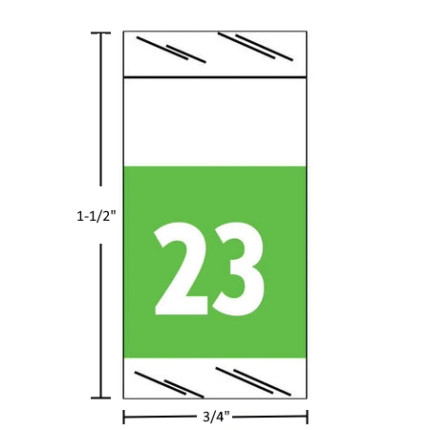 Light green Col’R’Tab 71700 2023 top-tab year label, 1-1/2" high x 3/4" wide, single-side read, clear-laminated, 1,000 per roll