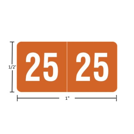 Smead-compatible ETS 2025 year label—white “2025” on brown, single-face 1/2" x 1", polylaminated, permanent adhesive, 250 per pack