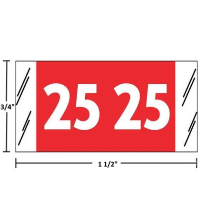 Acme Visible 12600 year label, 2025, red, 3/4" x 1-1/2", wraparound with white “25”; center-slit liner.