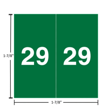 Ames AEYM year label, 2029, green, 1-7/8" x 1-7/8", single-face square with white “2029”; split-back liner.