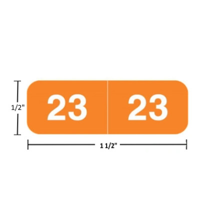 Ames AMYM year label, 2023, orange, 1/2" x 1-1/2", wraparound with white “23”; center-slit liner.