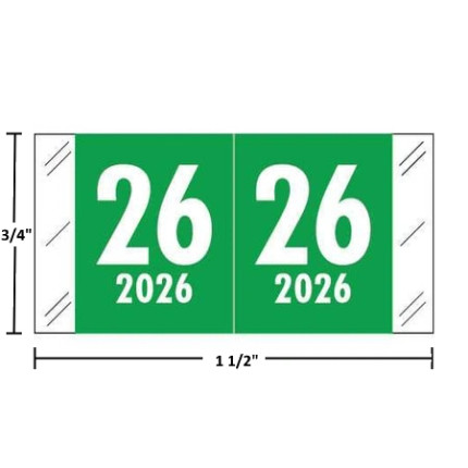 Col'R'Tab Compatible CLYM year label, 2026, Green wraparound with white “26”; center-slit liner.