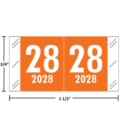 Col’R’Tab-compatible CRYM year label, 2028, orange, wraparound with white “28”; center-slit liner.