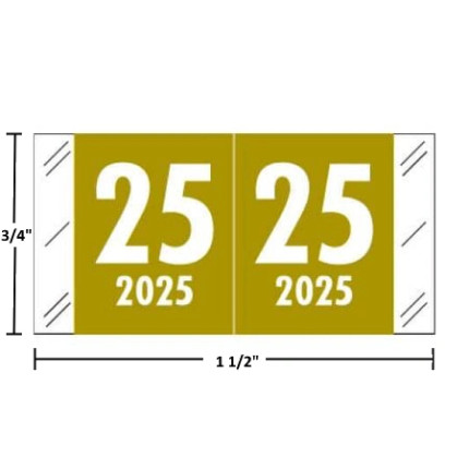 Col’R’Tab-compatible CRYM year label, 2025, gold, wraparound with white “25”; center-slit liner.