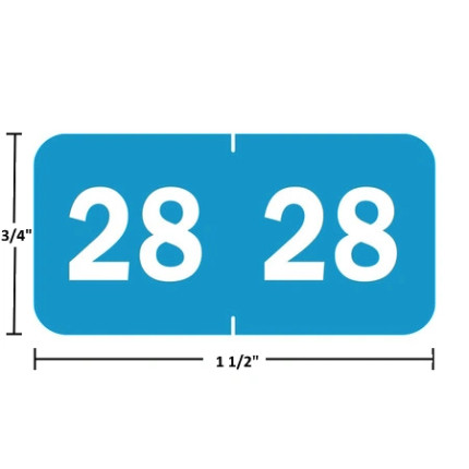 Original TABBIES 70228 year labels, 2028, light blue, 3/4" x 1-1/2", wrap-around with center slit.