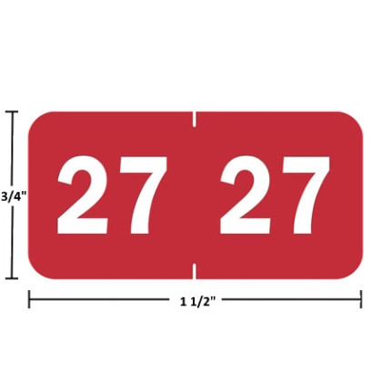 Original TABBIES 70227 year labels, 2027, red, 3/4" x 1-1/2", wrap-around with center slit.