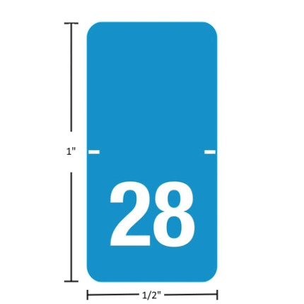 Original TABBIES 70228 year label, 2028 light blue, 3/4 x 1-1/2, laminated wrap, center-slit