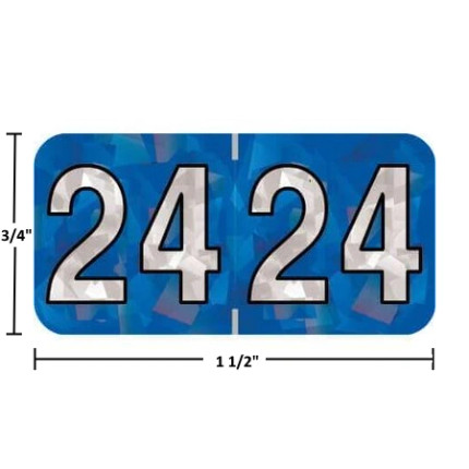 Holographic year label “24”, Blue, 3/4 x 1-1/2 in, wrap-around, center-slit, white digits, laminated.