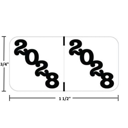 JPYM-28 white labels with bold black diagonal “28”. Polylaminated, 3/4" x 1-1/2", 500/roll