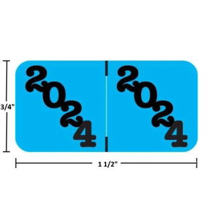 Bright blue POS POYM-24 wraparound year label with bold black “2024” printed diagonally on both halves. Overall size 3/4 inch high by 1-1/2 inches wide; a center guide marks the fold for end- or top-tab folders. Polylaminate protects against smears, moisture, and edge wear.