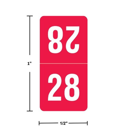 2028 red top-tab year label, 1" x 1/2", two-panel wrap with “28” printed white on red (top panel inverted for wrap).