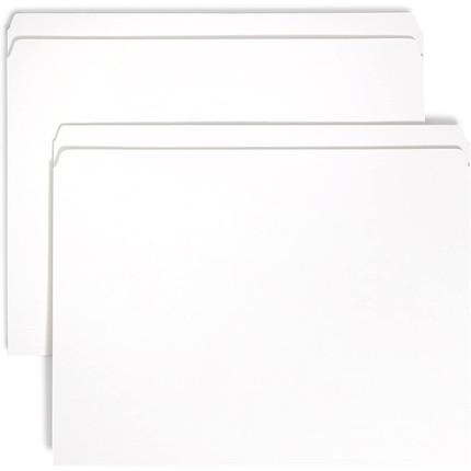 Stack of white Smead straight-cut end tab file folders showing the edge and slight expansion.