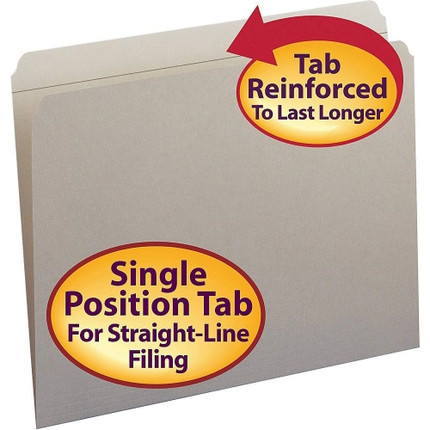 Gray Smead file folder with callouts showing reinforced tab and single-position tab for straight-line filing