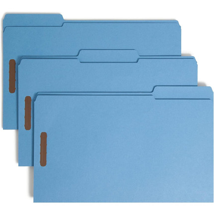 Three overlapping blue legal fastener file folders representing a 50 count box