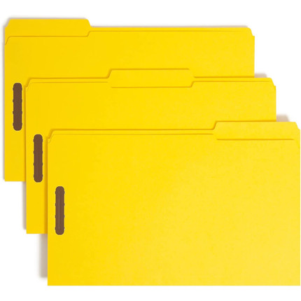 Three yellow legal-size Smead fastener file folders fanned out to display tabs and front-panel fasteners.