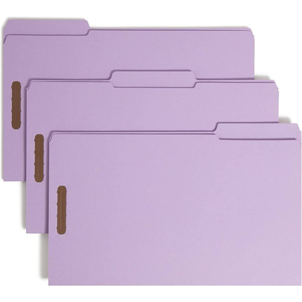 Three Smead 17440 lavender legal-size fastener file folders with 1/3-cut reinforced tabs and front fasteners, fanned in a stack.