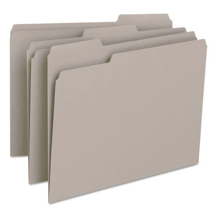 Set of gray letter-size file folders with standard 1-ply 1/3-cut top tabs, shown fanned out in multiple tab positions.