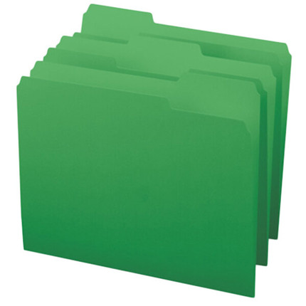 Set of green letter-size file folders with standard 1-ply 1/3-cut top tabs, shown upright and slightly fanned out.