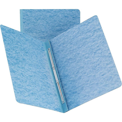 Blue Smead pressboard report cover shown open with metal side fastener and reinforced hinge, 3-inch capacity.