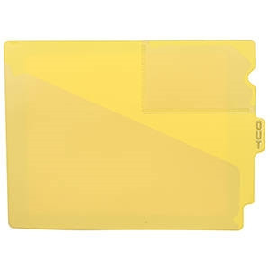 Yellow center tab vinyl outguide with extended double-sided “OUT” tab and clear front pocket for charge-out slips, letter size.