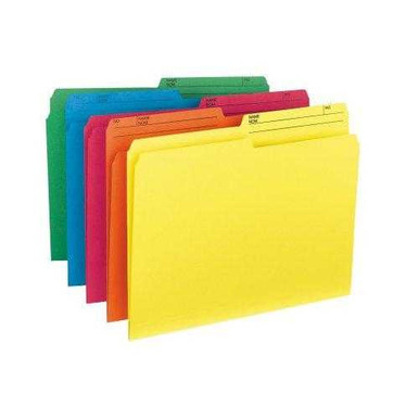 Assorted color Smead reversible printed tab file folders in yellow, orange, red, blue, and green, letter size with 1/2-cut tabs.