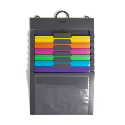 Smead Cascading Wall Organizer 92060 in bright colors with six cascading letter-size pockets and clear front pocket, shown hanging open