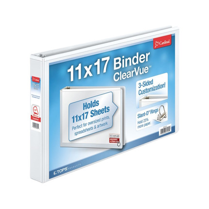 Cardinal ClearVue 11 x 17 white binder with 1.5 inch Slant-D rings and tabloid sheet capacity