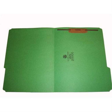 Open green letter-size file folder with one metal fastener in position 1 on the left interior panel, reinforced 1/3-cut top tab, Smead 12134-F1.