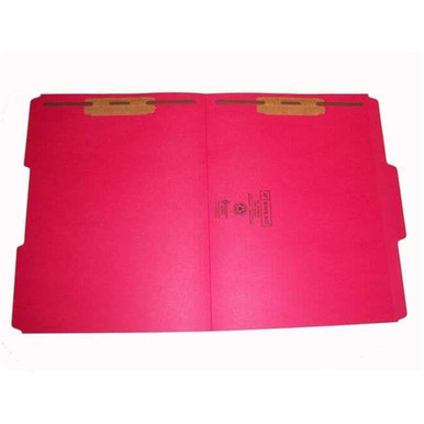 Smead 12734-F13 red letter size reinforced file folder open flat showing two interior metal fasteners in positions 1 and 3.