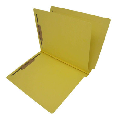 End tab classification folder with one divider, yellow pressboard, letter size, open view showing interior fasteners and divider.