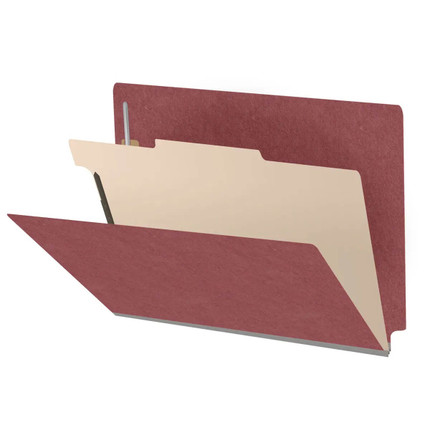 Dark Red end tab pressboard classification folder with one manila divider and metal fasteners, letter size