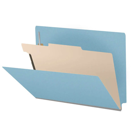 Blue end tab pressboard classification folder with one manila divider and metal fasteners, letter size