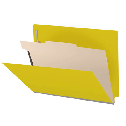 Yellow end tab pressboard classification folder with one manila divider and fasteners, letter size