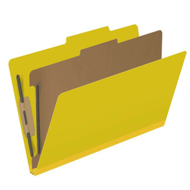 Yellow top tab pressboard classification folder with one interior divider and 4 fasteners, legal size (DV-T52-14-3YLW)