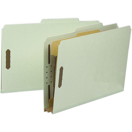 Gray and green Smead legal size classification folder with one divider and metal fasteners on interior panels