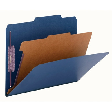Dark Blue letter-size Smead 13732 SafeSHIELD pressboard classification folder open, showing one interior divider, SafeSHIELD coated fasteners, and top tab design