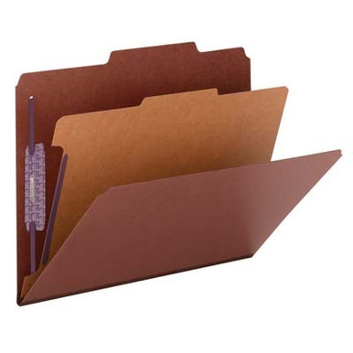 Red letter-size Smead 13775 SafeSHIELD pressboard classification folder open, showing one interior divider, SafeSHIELD coated fasteners, and top tab design