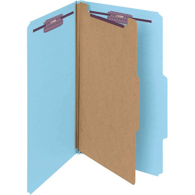 Blue legal size Smead 18730 SafeSHIELD pressboard classification folder open, showing one interior divider, SafeSHIELD coated fasteners, and top tab design