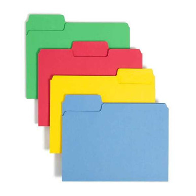 Assoted Primary Smead SuperTab letter size file folders with oversized 1/3-cut top tabs, assorted tab positions