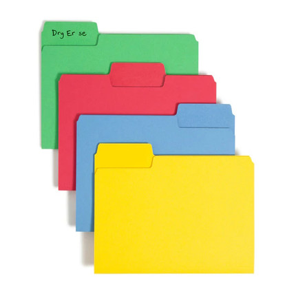 Smead SuperTab file folders in assorted colors with 1/3-cut tabs, shown stacked on a white background.