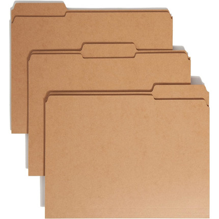 Stack of Smead reinforced tab kraft file folders with 1/3-cut tabs designed for letter size filing systems