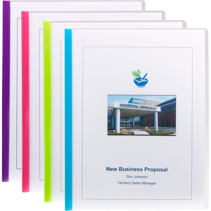 Clear poly report covers with colored sliding bar spines holding presentation documents